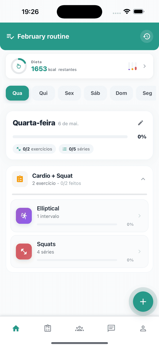 Tela inicial com treino do dia