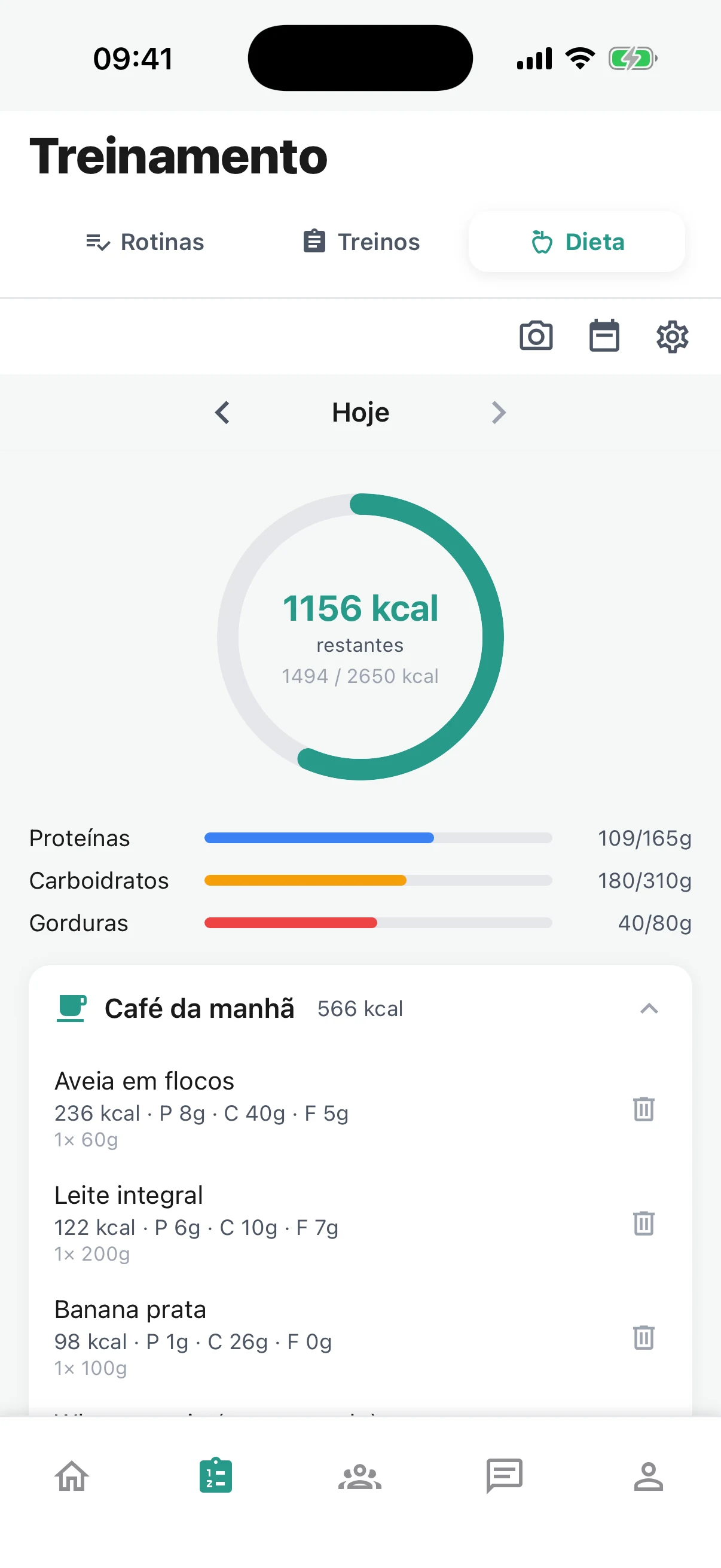 Calorias e macros do dia no Remi