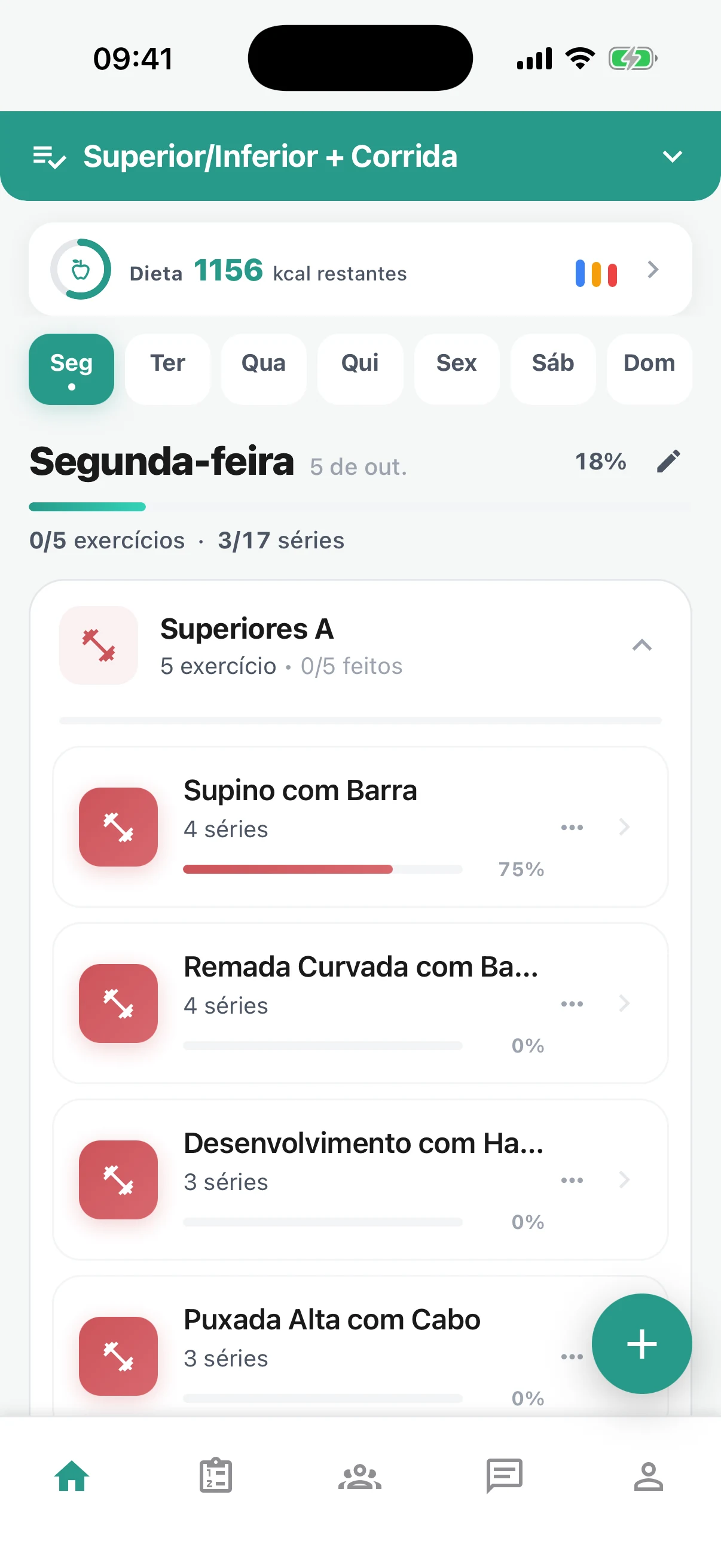 Tela inicial do Remi com o treino do dia e as calorias restantes