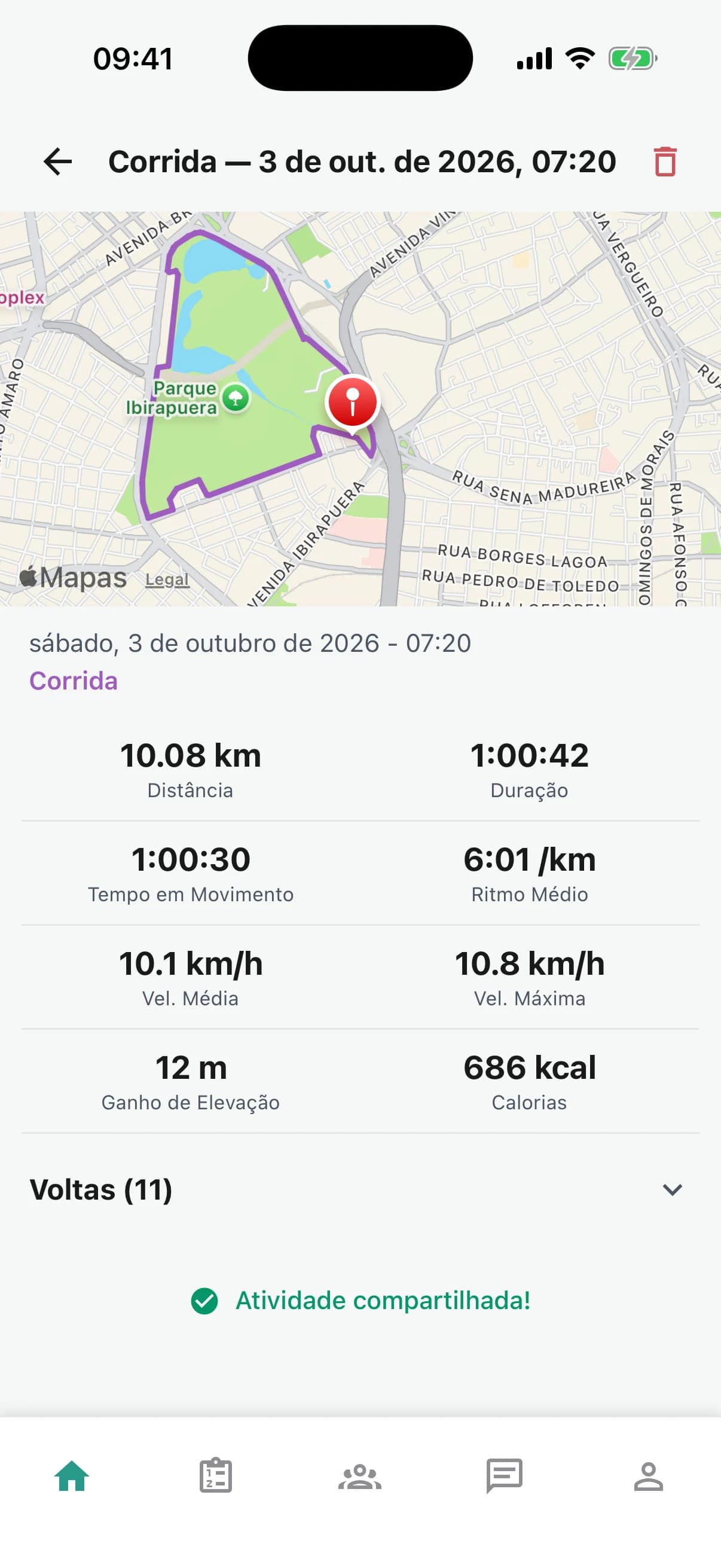 Corrida com GPS no Remi com o trajeto no mapa, distância, tempo e ritmo