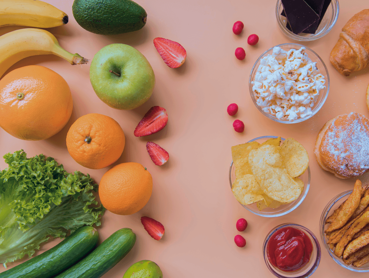 Imagem mostrando diferentes alimentos, que compoem diferentes dietas