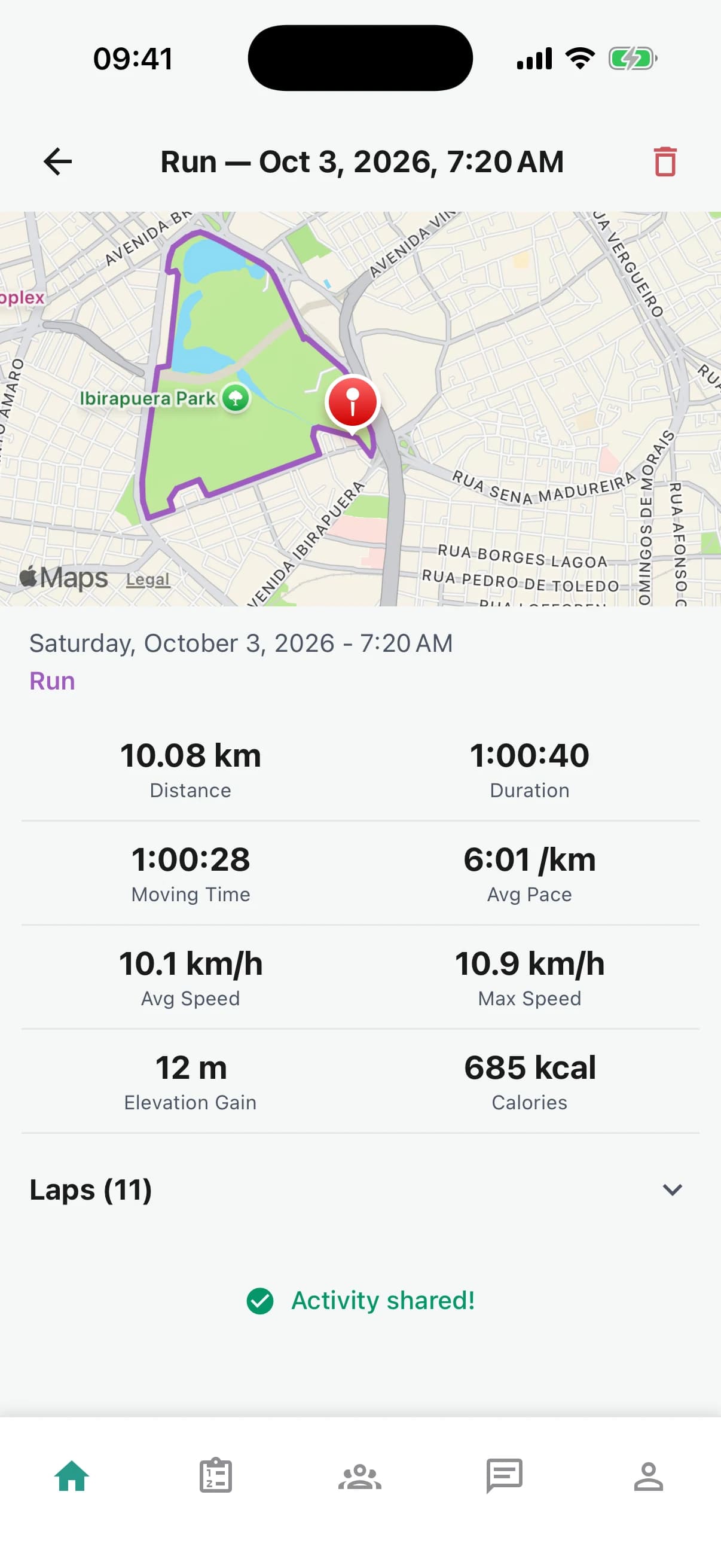 Una carrera con GPS en Remi con la ruta en el mapa, distancia, tiempo y ritmo
