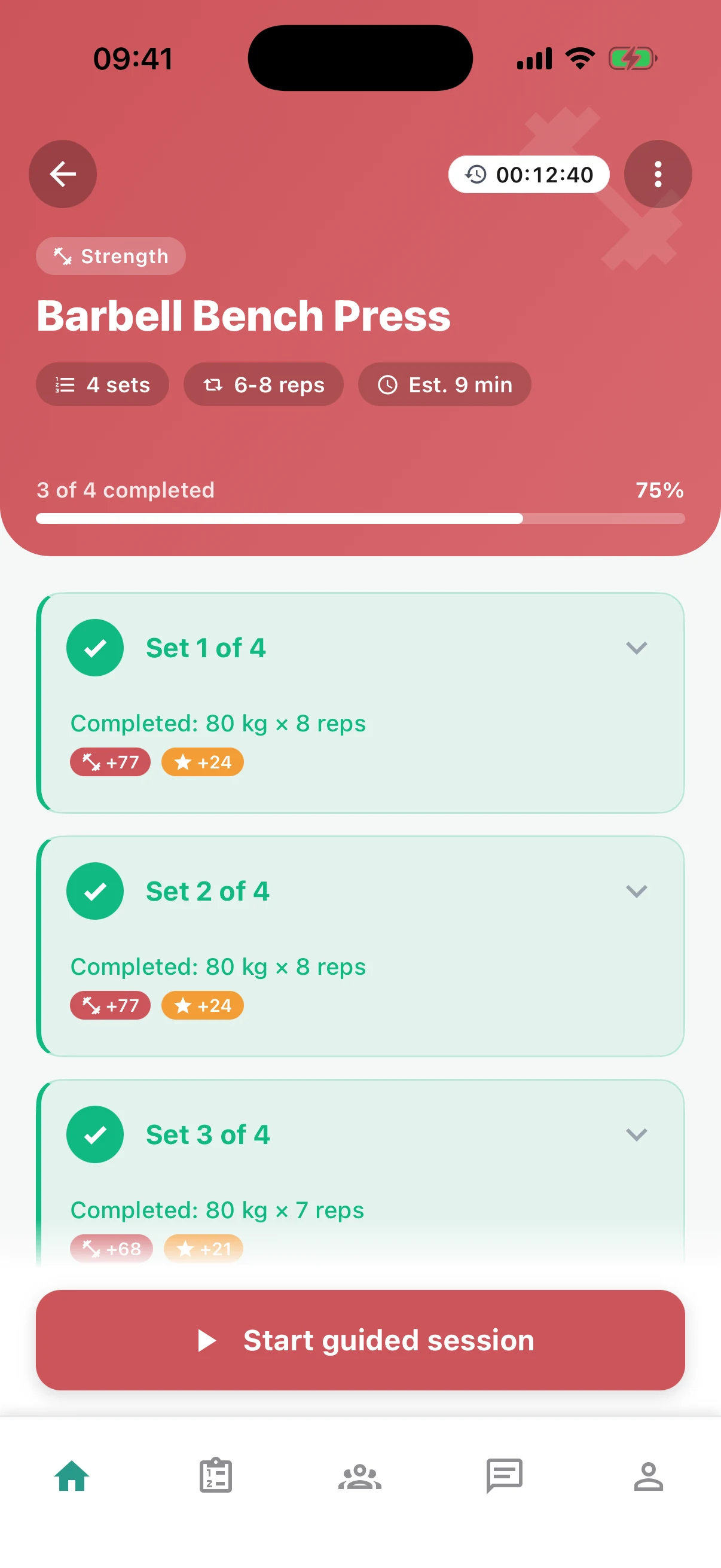 Logging sets during a strength workout in Remi