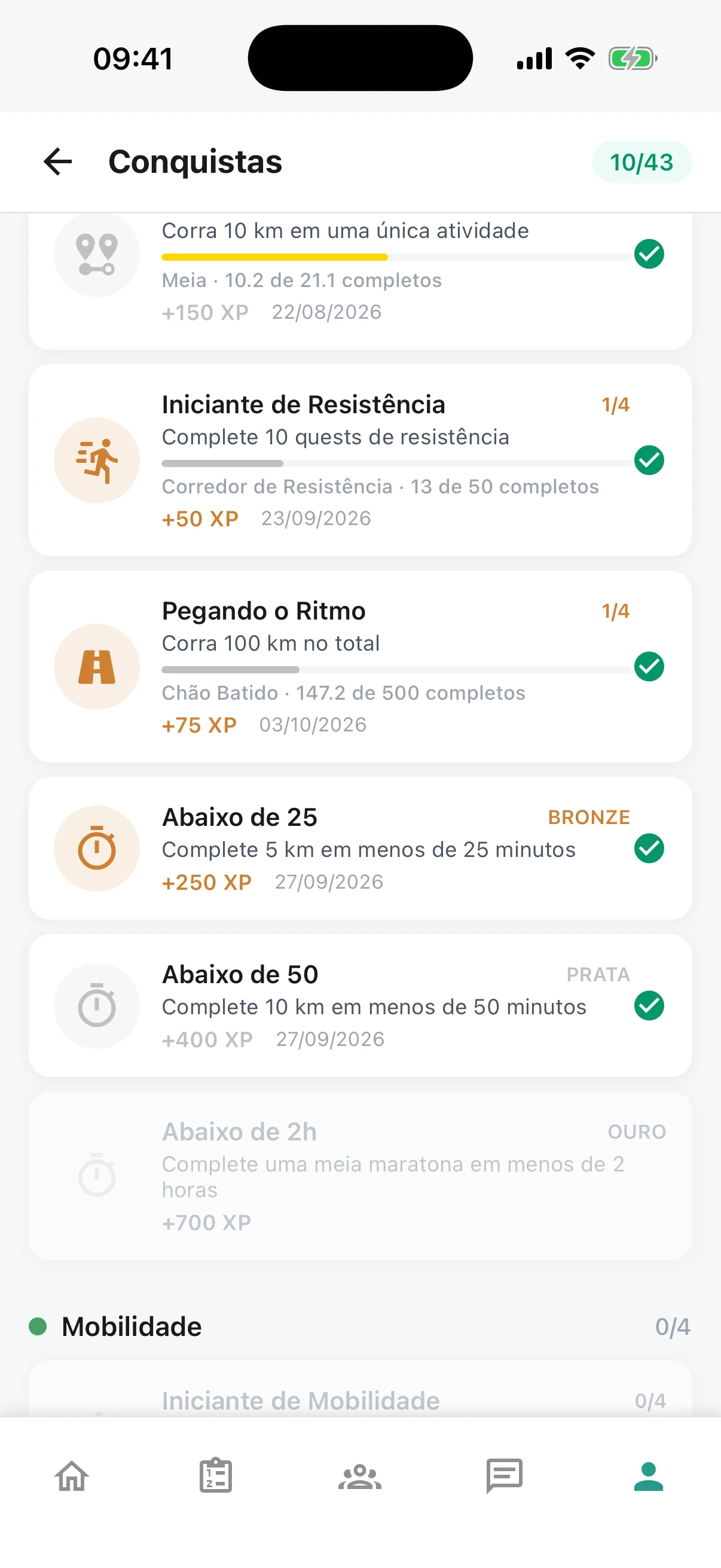 Níveis de conquistas no Remi com etapas concluídas e o XP de cada uma