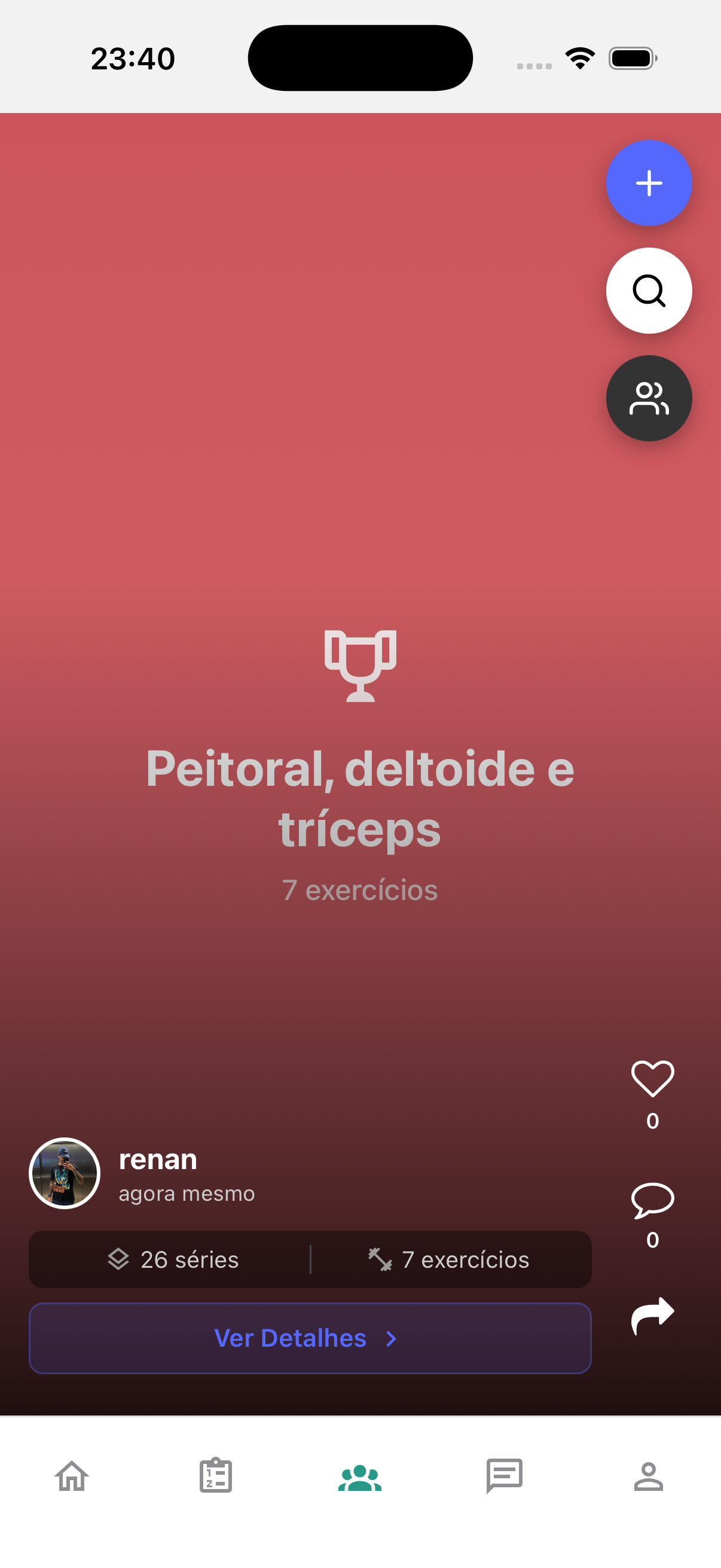 Feed da comunidade com treinos compartilhados