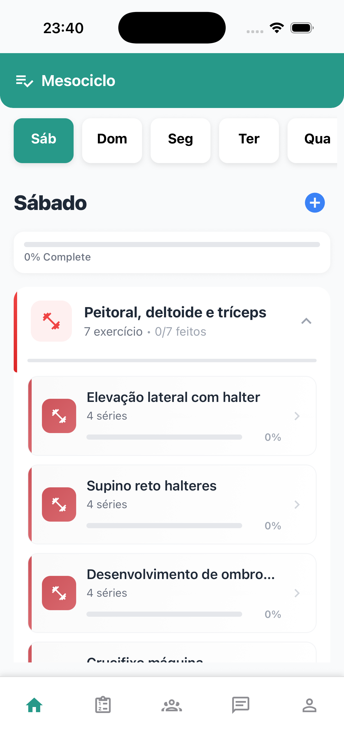 Tela inicial com treino do dia